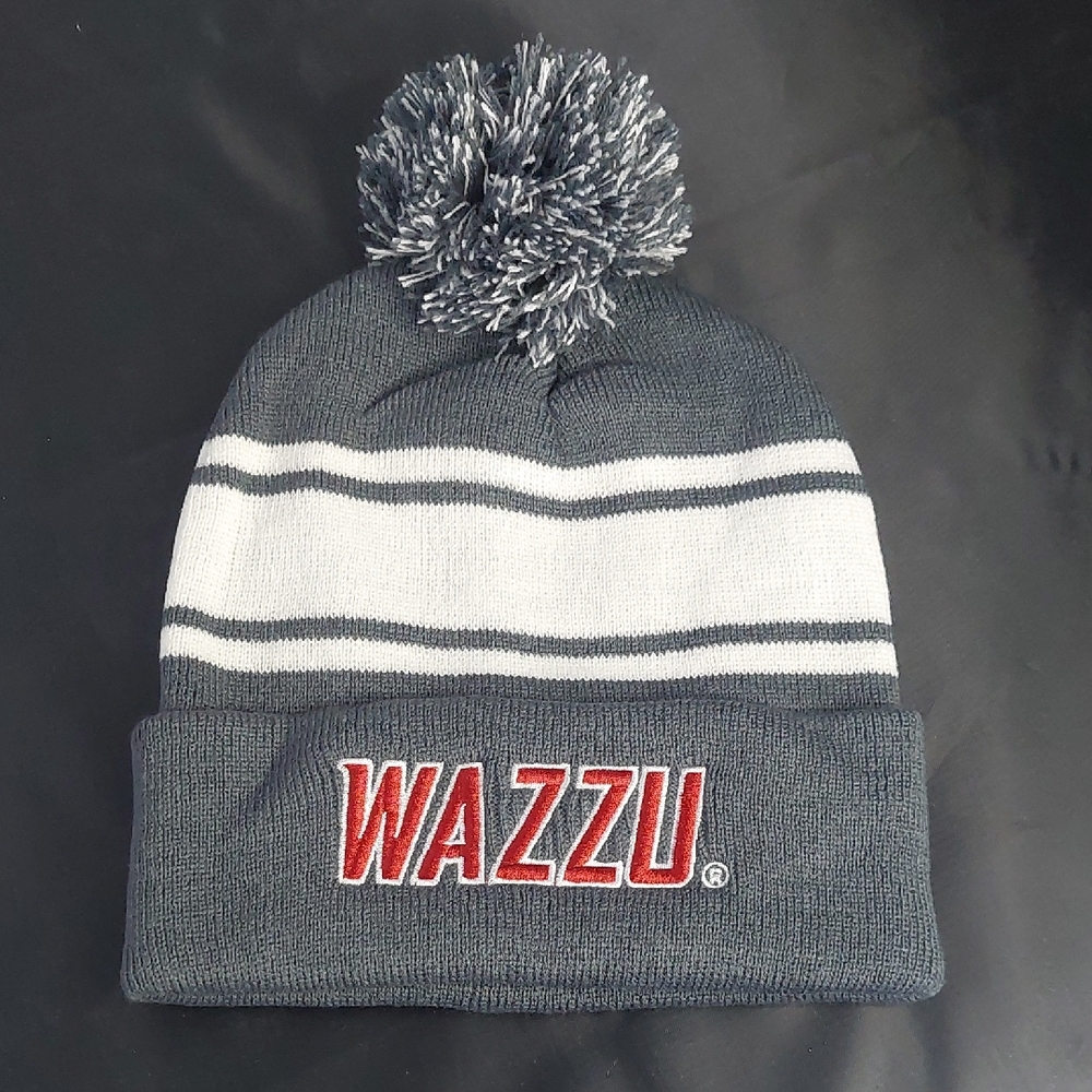 WAZZU Gray and White Pom Beanie